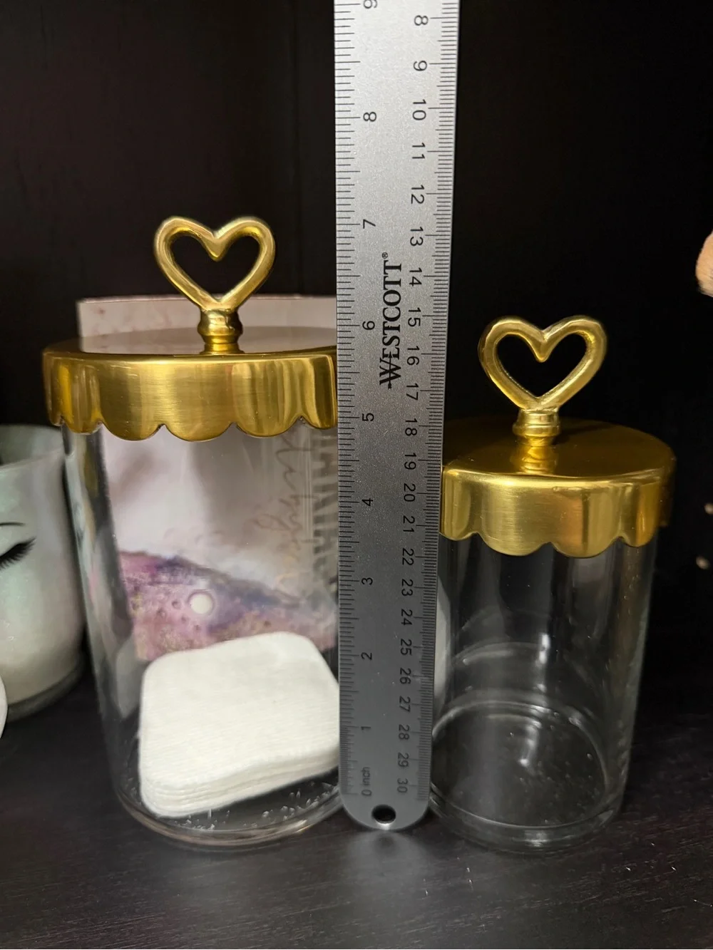Pottery Barn Heart-Top Glass Canister Set with Gold Lids